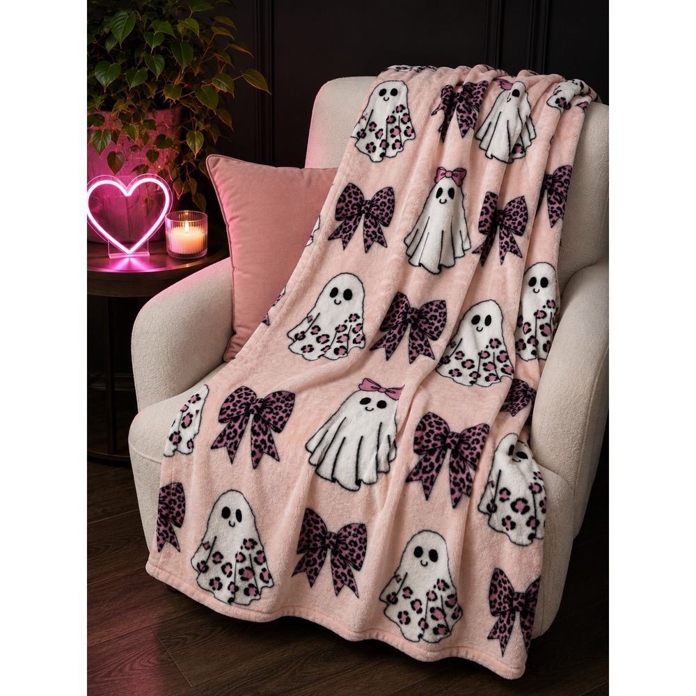 NWT Halloween Pink Ghost Plush Throw Blanket 60x70 Coquette Leopard Bow Soft
